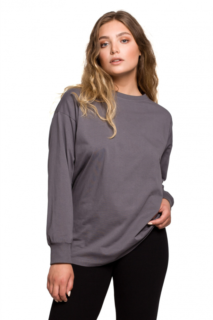 Bluzka Damska - Longsleeve Oversize Z Nadrukiem - antracytowa